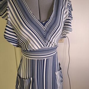 Monteau Navy and White Striped Midi Dress. Size Small